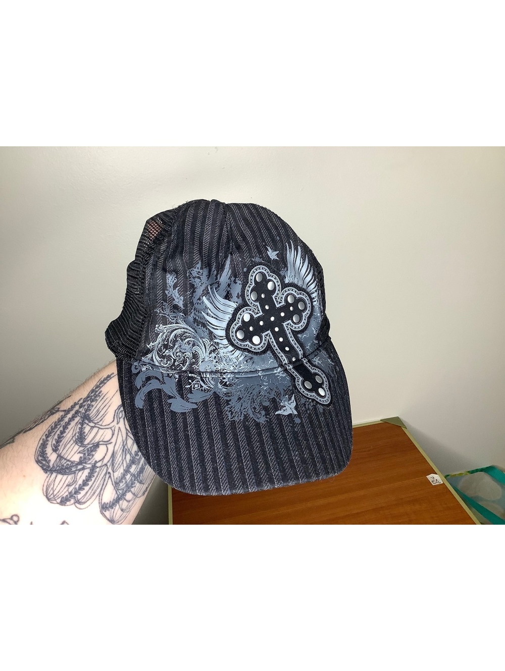 Y2K Grunge Rhinestone Studded Cross Pinstripe Pattern Trucker Hat